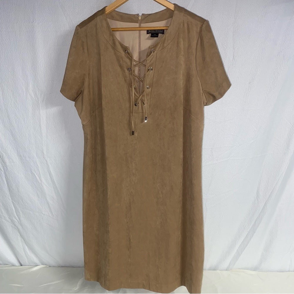 Jessica Howard Faux Suede Dress, Brown,Size 16 W, Lined, Lace-Up V Neck,Zip Back